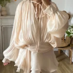 TWOTWINSTYLE V-Neck Lace-Up Mini Dress – Sweet Long Sleeve Blouse Dress for Women