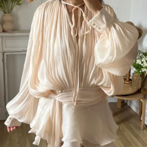 TWOTWINSTYLE V-Neck Lace-Up Mini Dress – Sweet Long Sleeve Blouse Dress for Women