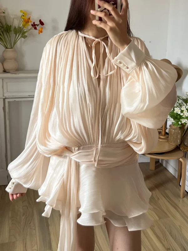 TWOTWINSTYLE V-Neck Lace-Up Mini Dress – Sweet Long Sleeve Blouse Dress for Women