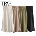 TRAF High-Waist Satin Midi Skirt (Black)