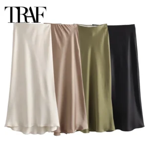 TRAF High-Waist Satin Midi Skirt (Black)