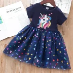 Unicorn Sequin Princess Dress – Short Sleeve Kids Costume & Daily Wear